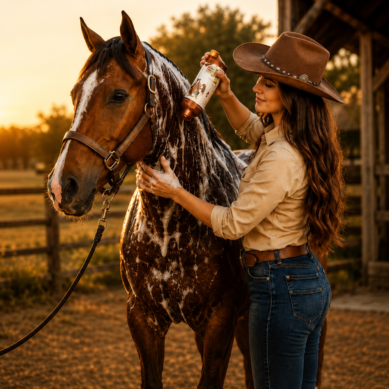 Amazona dando banho de shampoo Good Horse no cavalo, ao entardecer