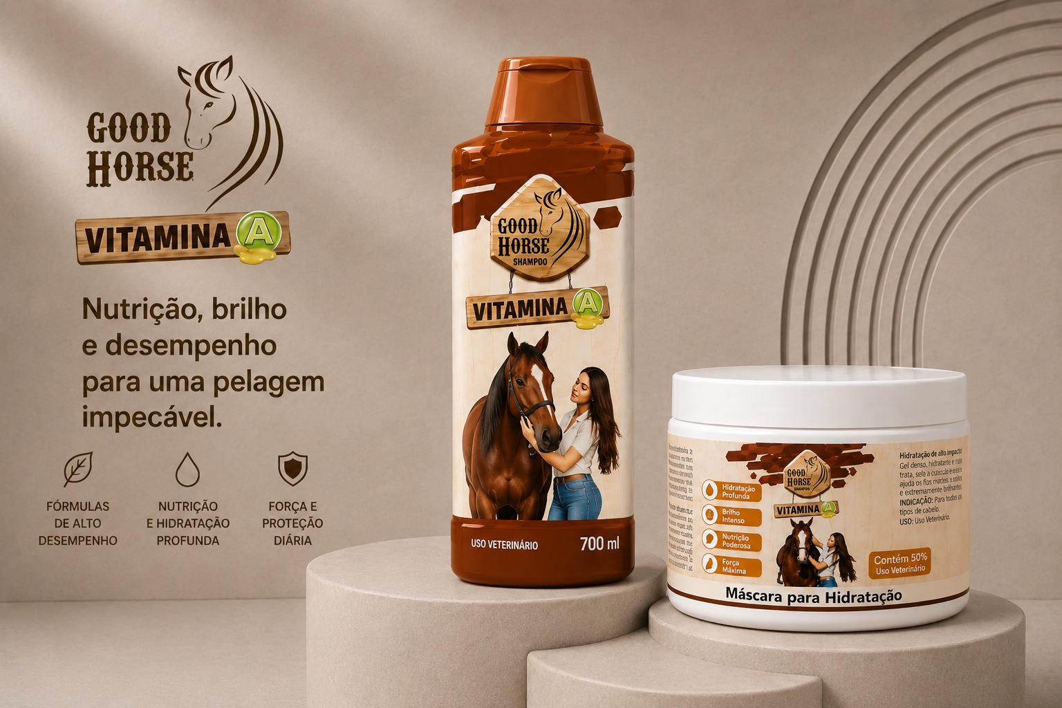 Frasco do Shampoo Good Horse Equino Vitamina A 700ml com cavalo de pelagem castanha