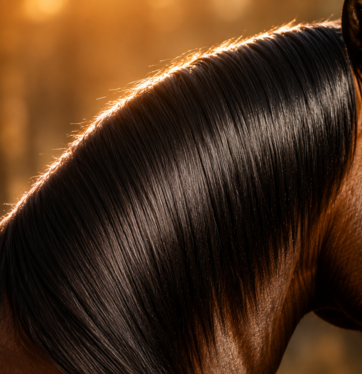 Crina escura e brilhante de um cavalo, em close