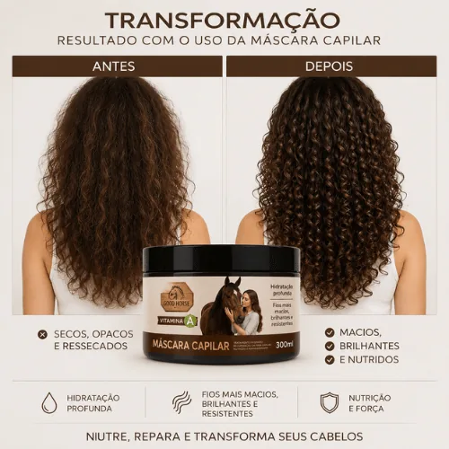 Cabelo cacheado antes e depois do uso da Máscara Capilar Good Horse