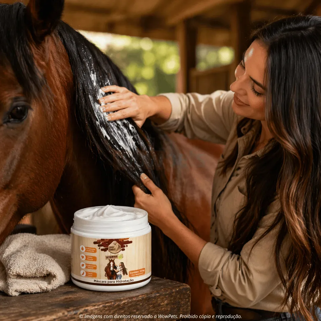 Mulher aplicando a máscara Good Horse na crina de um cavalo