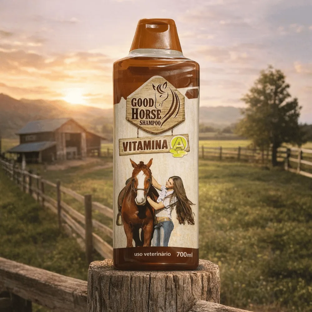 Shampoo Good Horse Equino sobre um tronco no campo